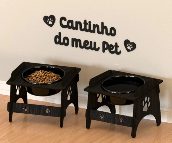 Comedouro Para Pet 2 Unidades + Quadro Decorativo De Madeira